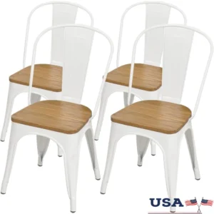 Metal Stackable Dining Chairs Set of 4 High Back Elm Seat Restaurant Bistro Cafe Bar Sturdy Furniture